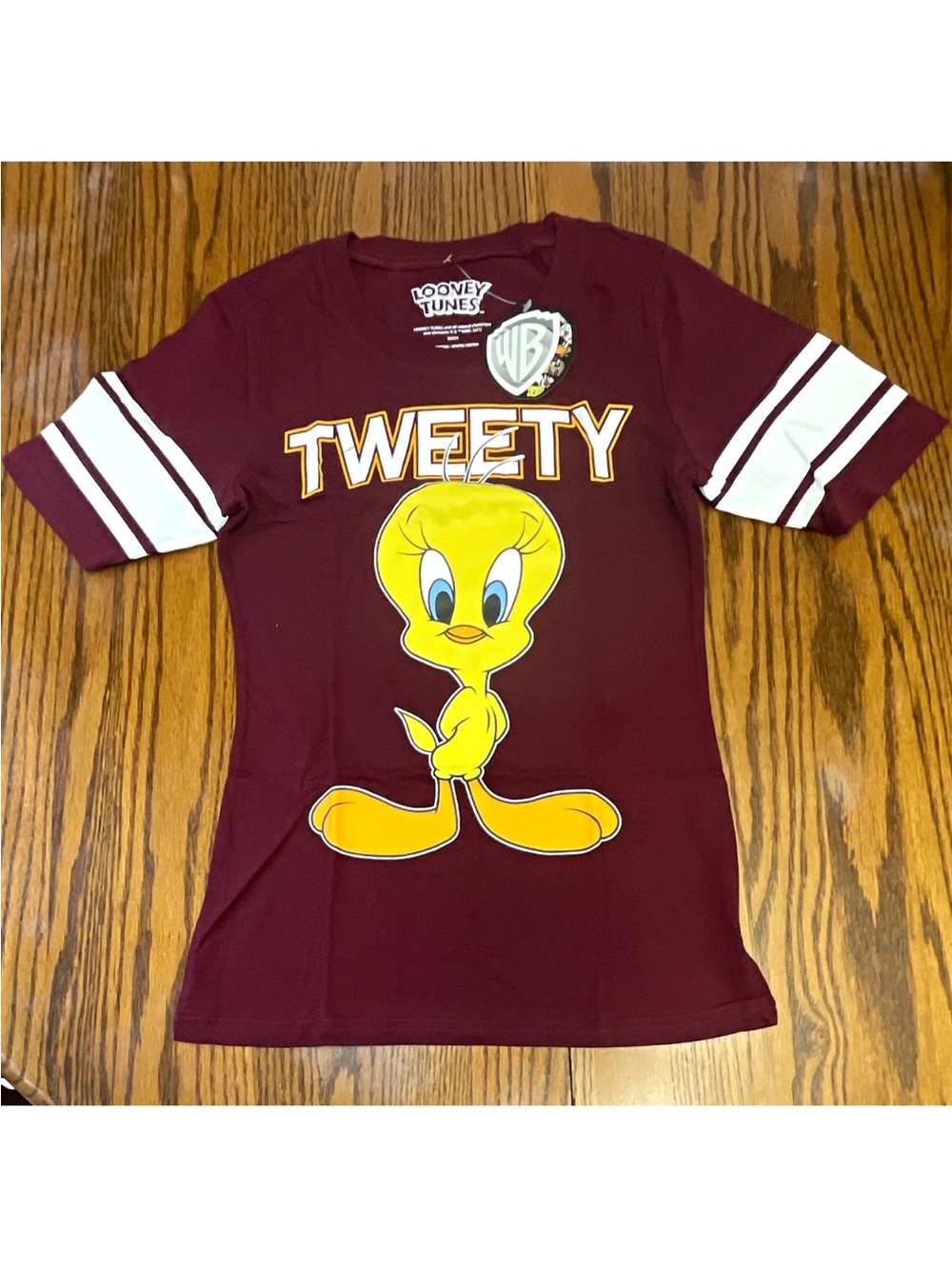 NWT Warner Bros. Tweety Graphic Tee in Maroon with White Stripes